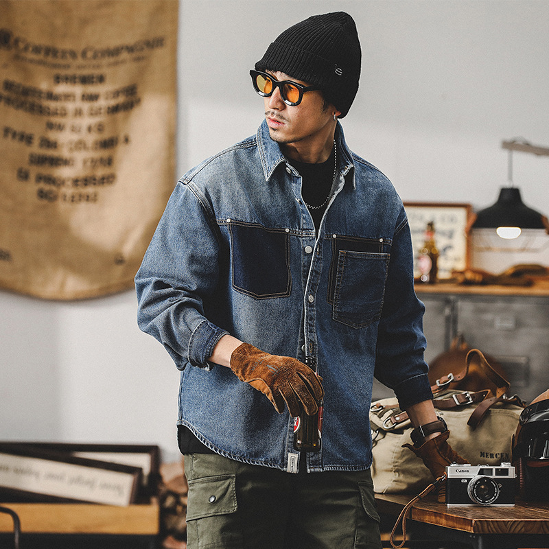 春季新款牛仔外套男春秋款潮牌高級感痞帥工裝夾克設計款長袖襯衫