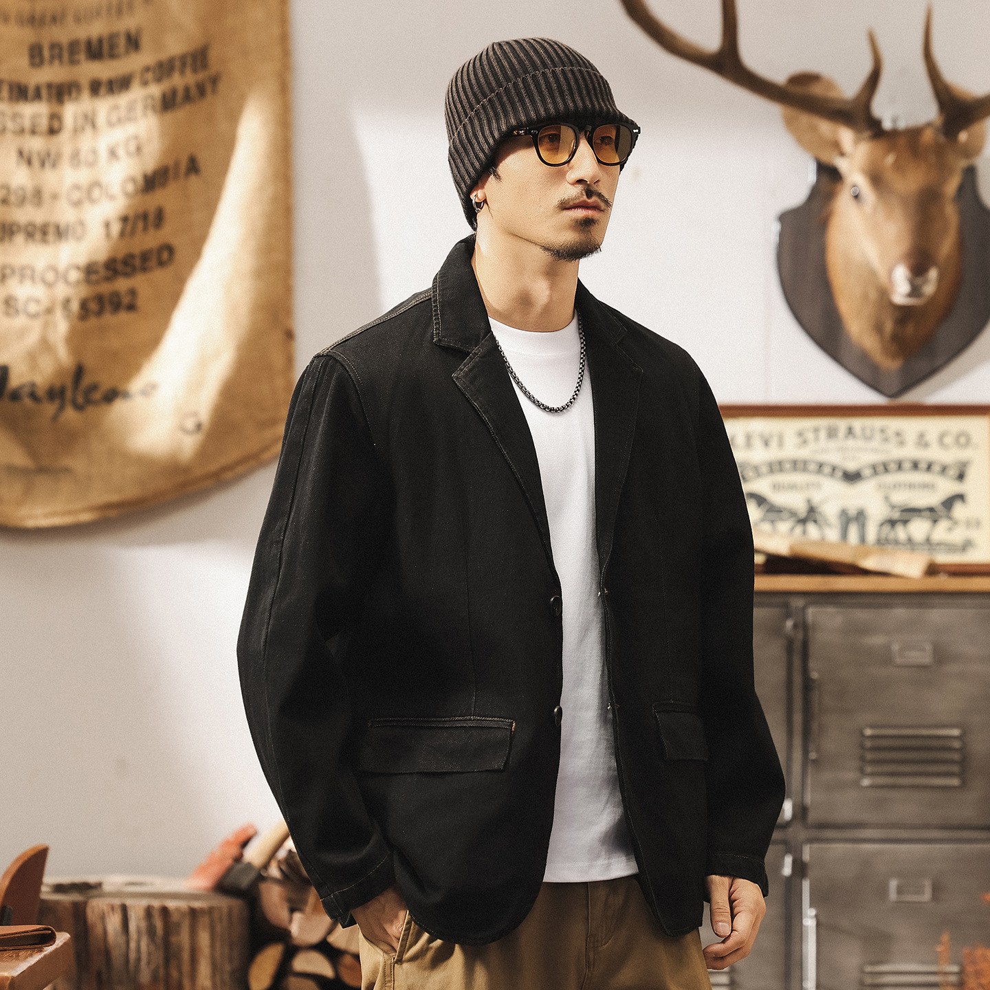 美式復古休閒牛仔外套男春秋2025新款輕熟雅痞西裝男工裝夾克西服