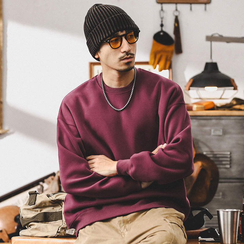 美式重磅圓領衛衣男款秋季潮牌寬鬆酒紅色上衣簡約百搭休閒衣服男
