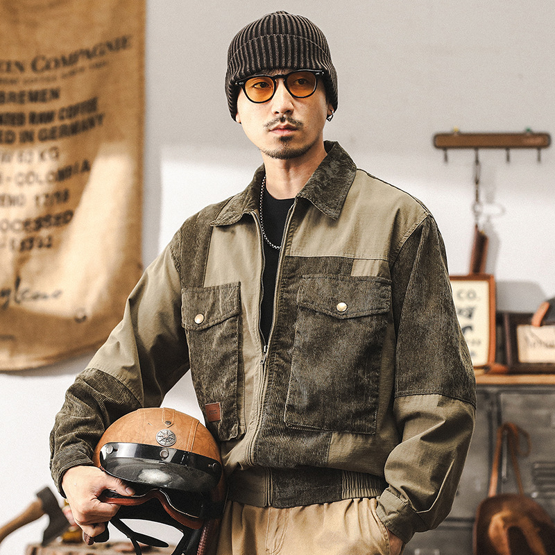 美式重磅復古燈芯絨工裝外套男秋冬款潮流拼接寬鬆休閒夾克男秋季