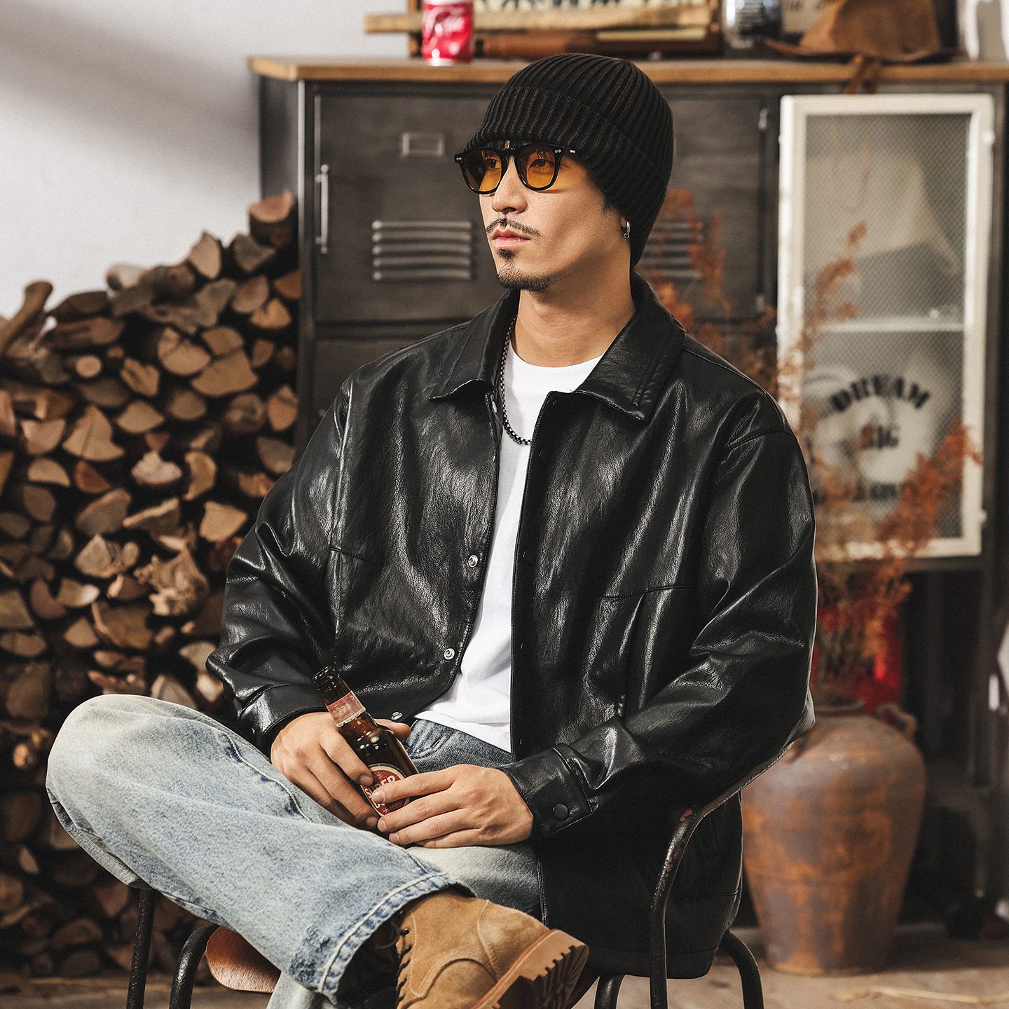 美式復古軟皮衣外套男春秋款寬鬆機車服潮流高級感襯衫型皮夾克男