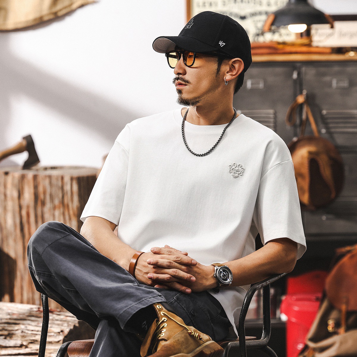 美式復古悟空刺繡短袖T恤夏季男裝2025新款潮牌寬鬆簡約男士上衣