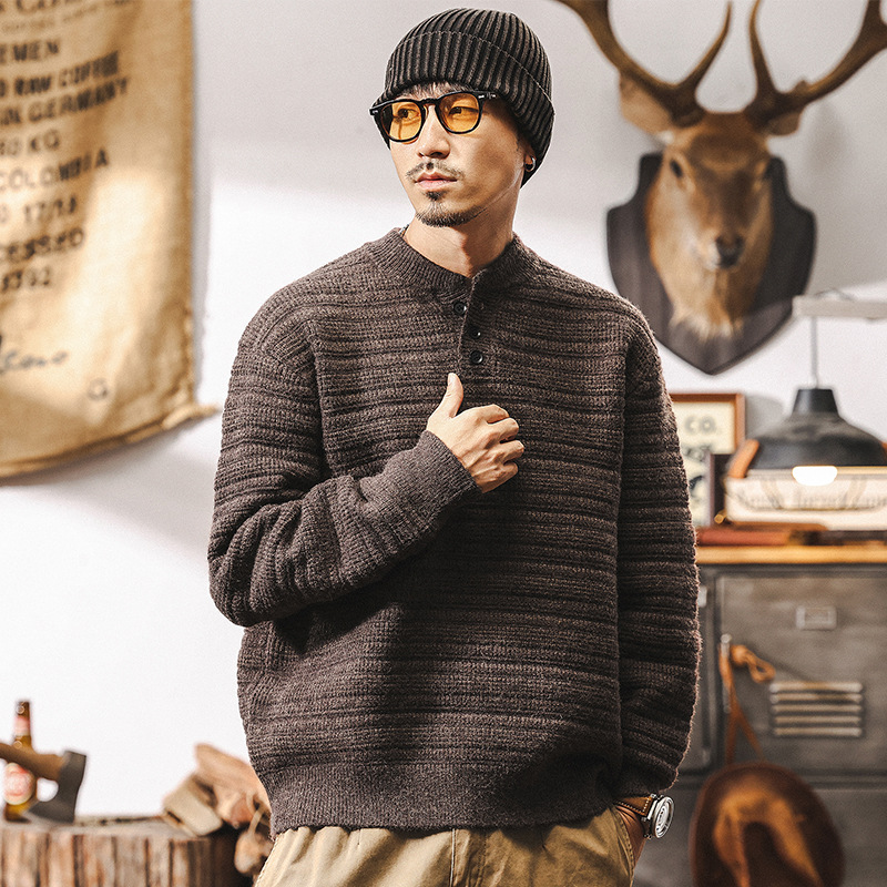 美式復古850g重磅亨利領毛衣男冬季加厚針織衫慵懶風男士秋冬外套