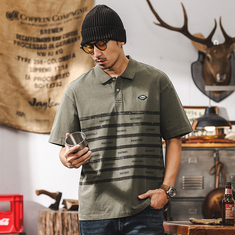 美式重磅復古polo衫短袖男夏季T恤2025新款潮牌做舊條紋寬鬆上衣T