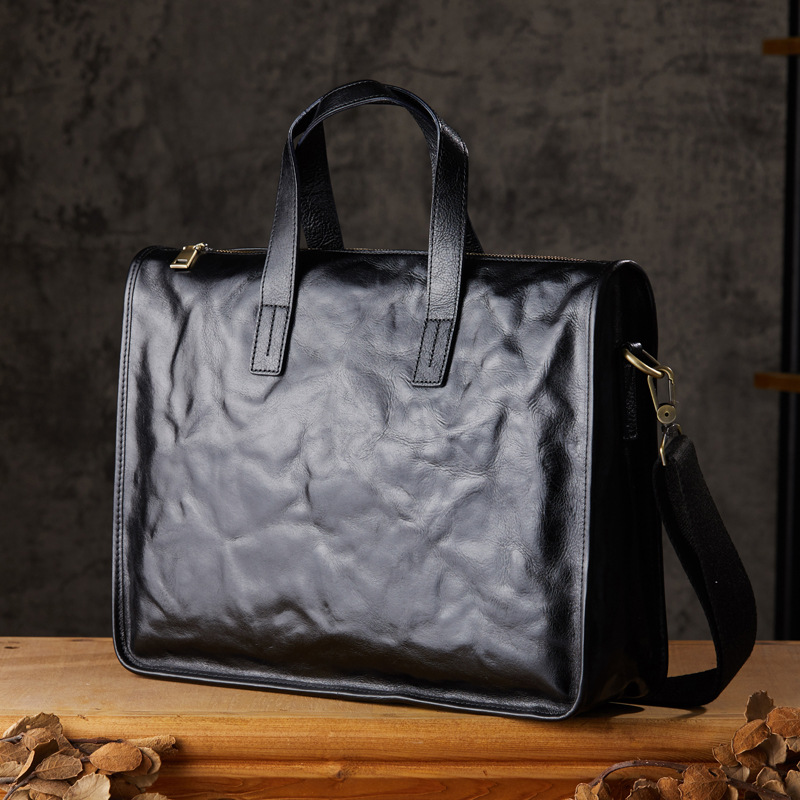 手工植鞣皮手提包男士商務包休閒時尚單肩斜挎包頭層牛皮公文包潮