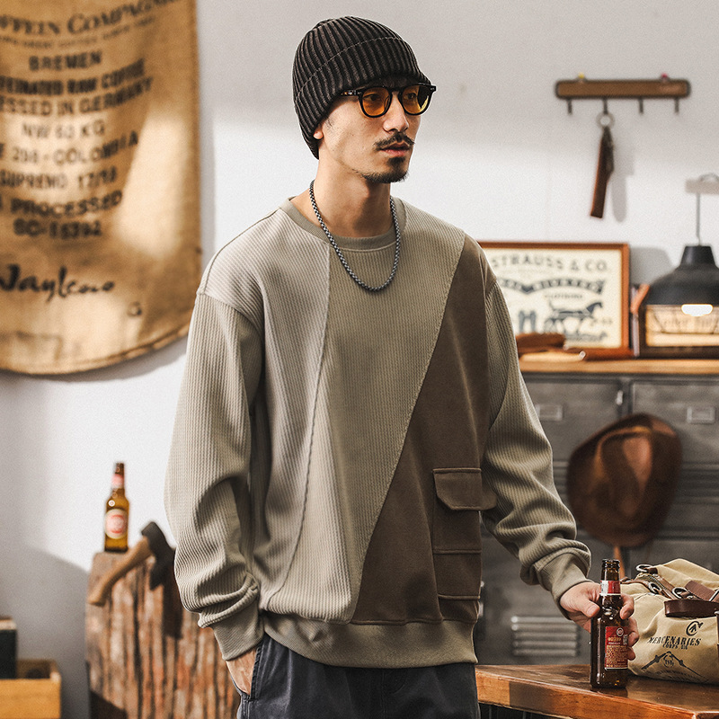 美式復古380g重磅雪尼爾衛衣男秋冬款潮牌拼接2024新款寬鬆上衣男