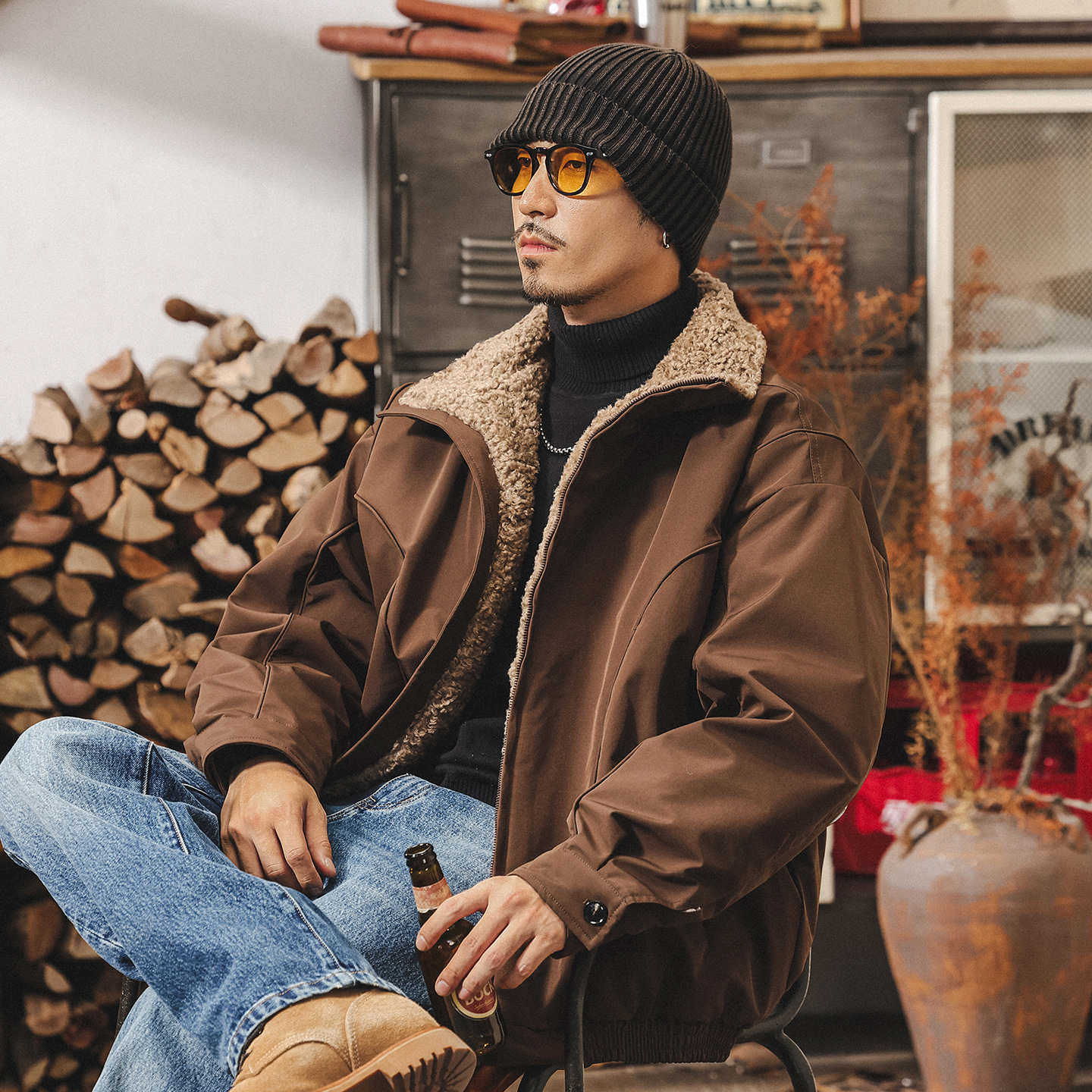 美式復古90鴨絨座山雕毛領羽絨服男冬季加厚禦寒羊羔毛保暖外套男