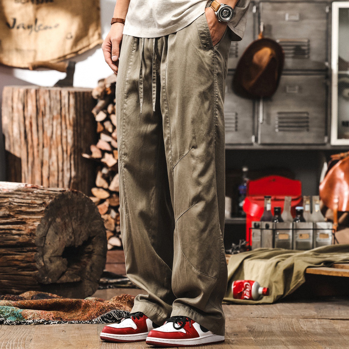 萊賽爾親膚冰絲亞麻褲子男夏季薄款美式復古寬鬆直筒男士休閒長褲