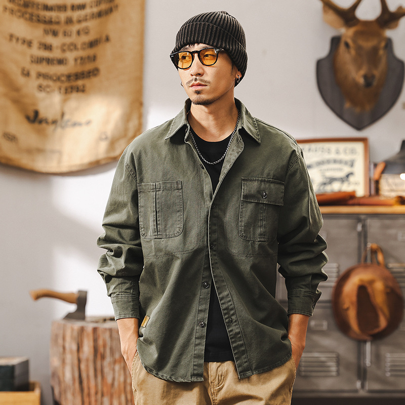 美式復古重磅珠帆工裝襯衫男長袖2025春季新款襯衣夾克男外套