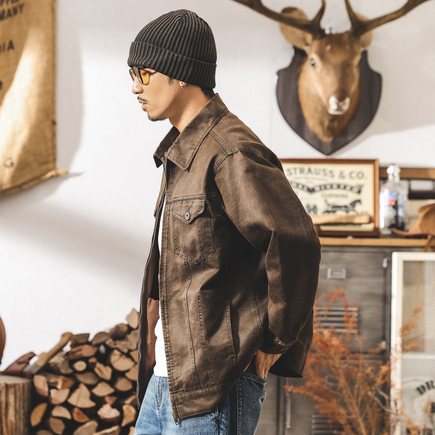 美拉德復古工裝南方夾克男春秋款油蠟仿皮感痞帥秋季美式機車外套