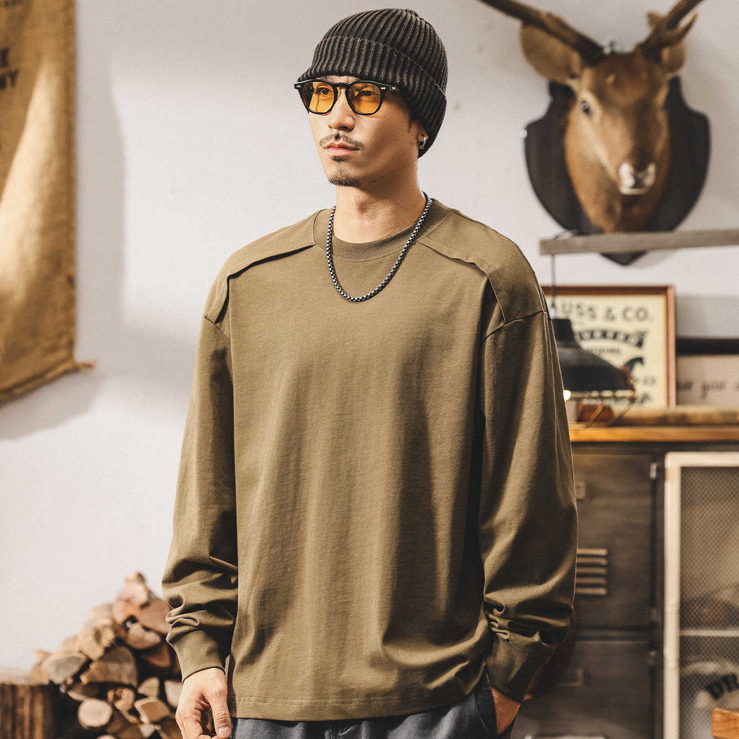 美式復古重磅長袖t恤男秋季新款設計感潮流拼接寬鬆休閒男士上衣