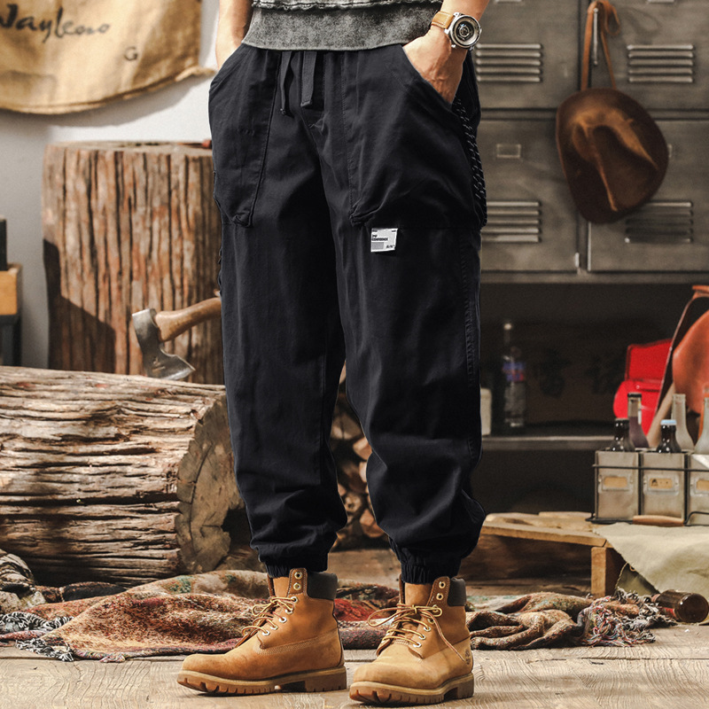 美式復古卡其色工裝褲子男秋季寬鬆闊腿褲新款戶外潮牌男士休閒褲