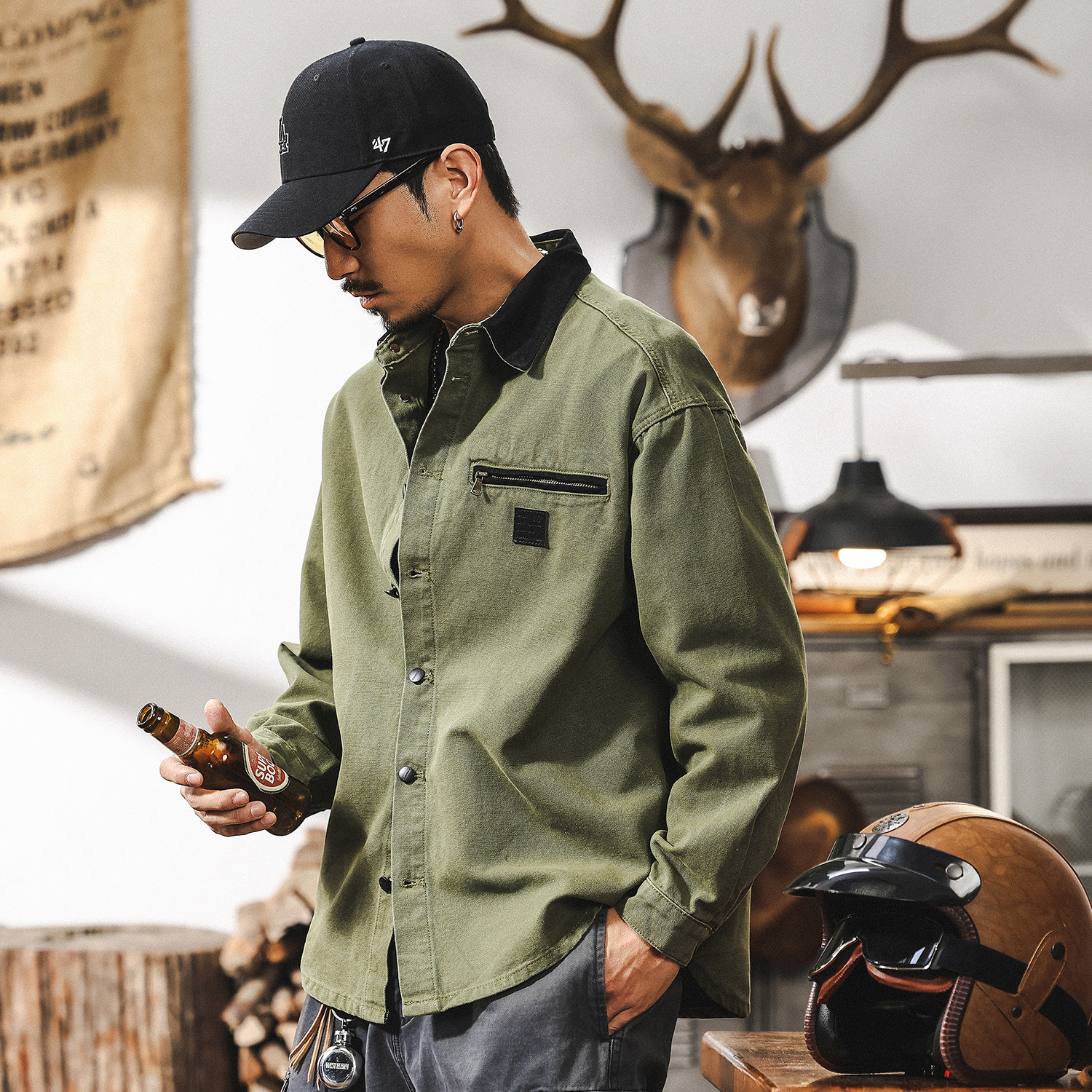 美式復古工裝襯衫男長袖秋季新款戶外獵裝潮牌寬鬆襯衣外套男春秋
