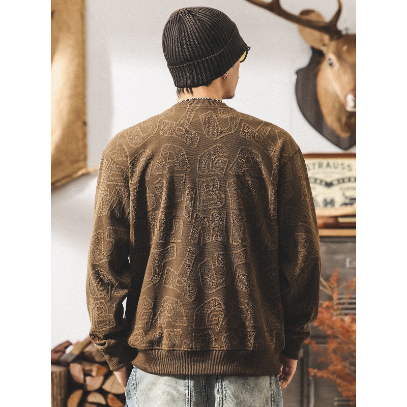 美式復古字母提花380g重磅衛衣男秋冬款潮流廓形圓領寬鬆大碼上衣