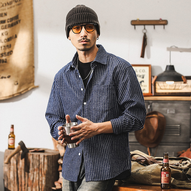 美式復古條紋襯衫男長袖秋季寬鬆工裝襯衣男色織牛仔外套男春秋款