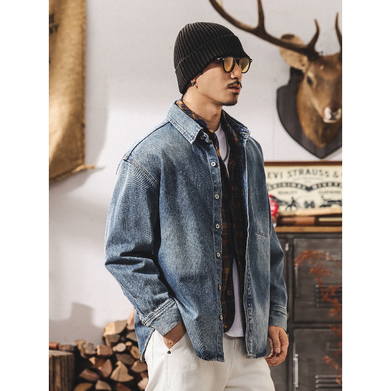 美式復古石磨水洗牛仔外套男春秋款寬鬆潮牌長袖襯衫男士秋季夾克