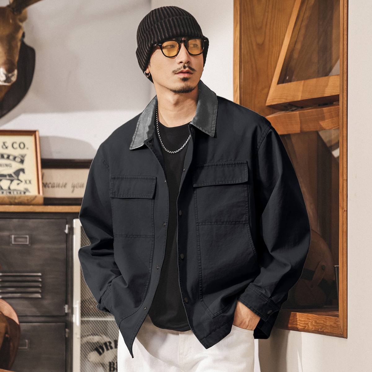 美式復古重磅工裝外套男春秋寬鬆潮牌男士硬漢休閒秋季教練夾克潮