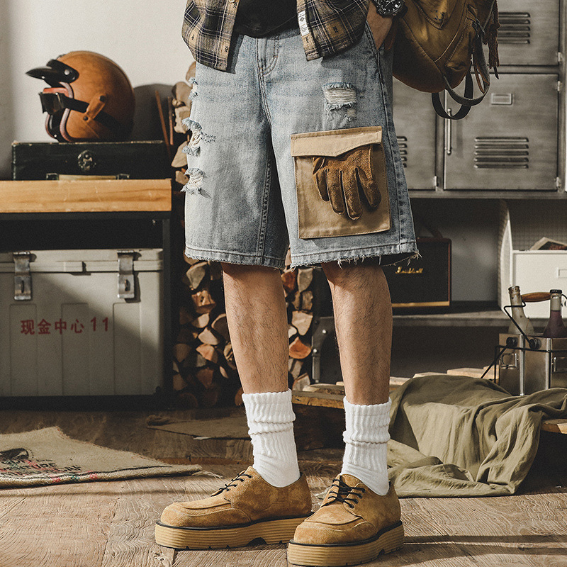 杰雷諾美式復古牛仔短褲男夏季寬鬆大碼破洞工裝五分褲男潮流中褲