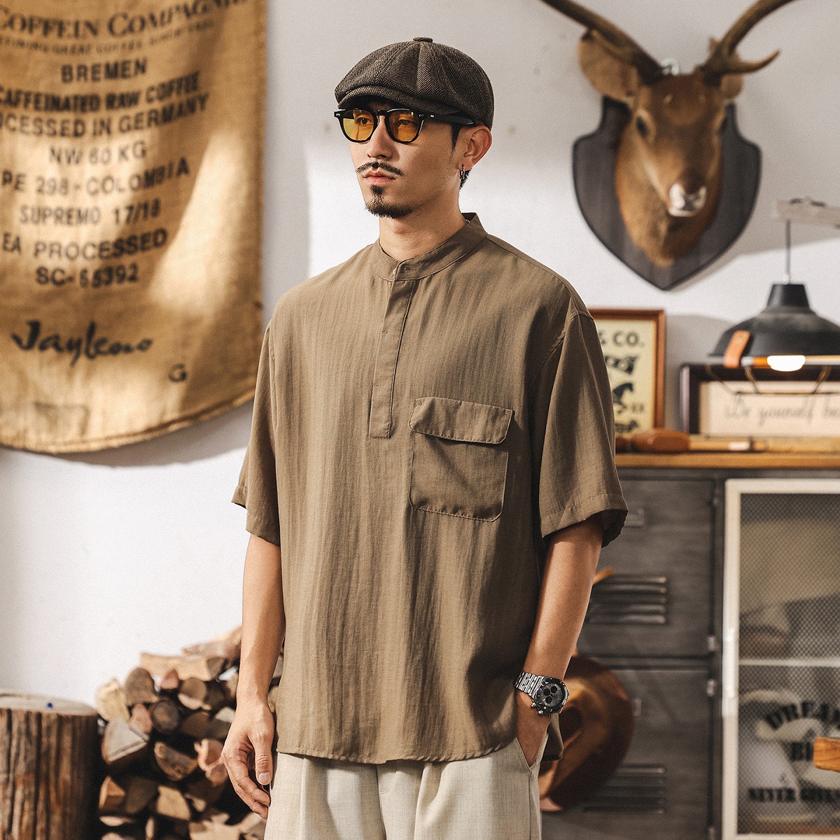 夏季新款國潮古風亞麻短袖T恤男士2025寬鬆中式復古亨利領Polo衫