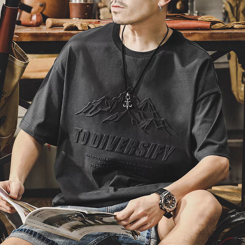 美式重磅t恤男短袖夏季潮流ins鋼印立體山系寬鬆大碼男裝純棉體恤