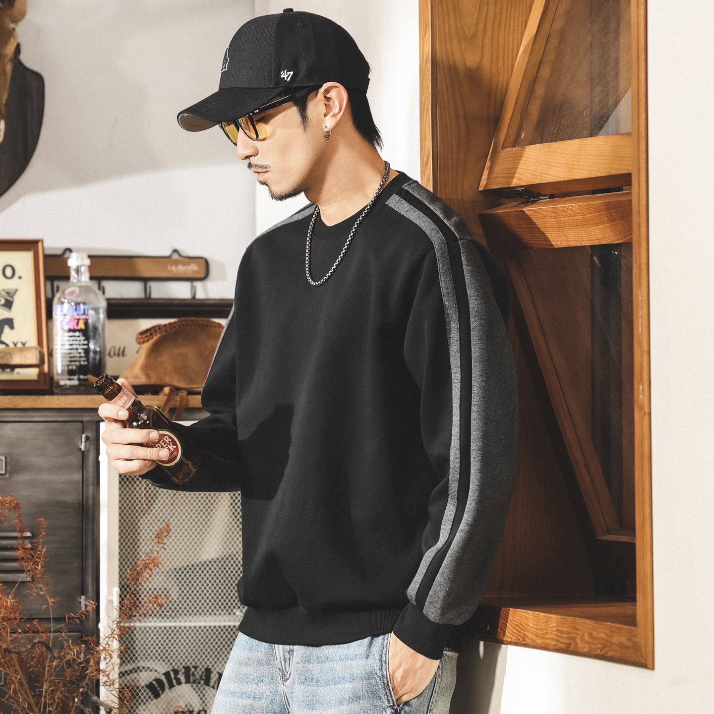 美式復古圓領撞色重磅衛衣男春秋款潮牌設計感拼接寬鬆秋季上衣男