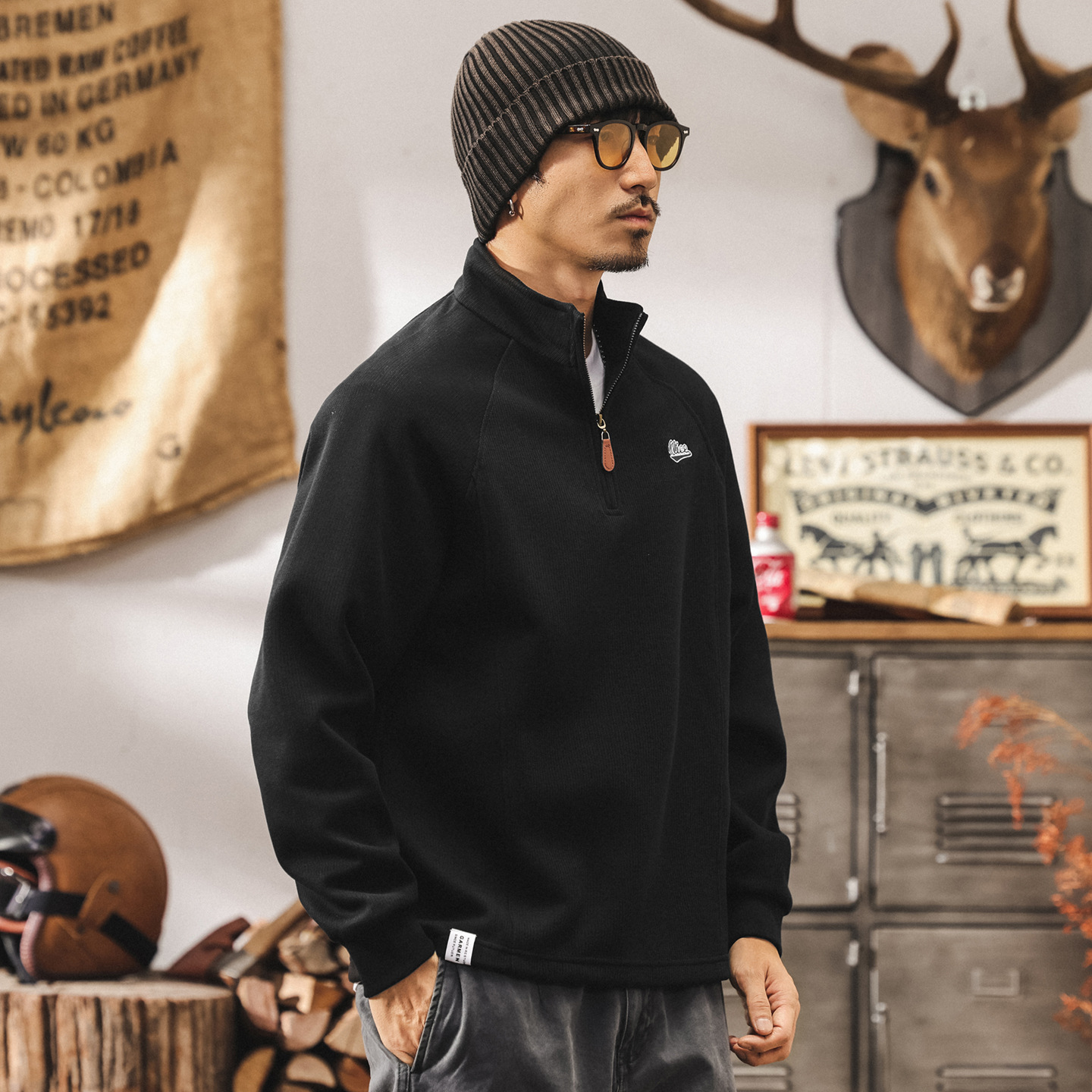 美式復古潮流半拉鏈立領衛衣男春秋2025新款寬鬆刺繡秋季男士上衣