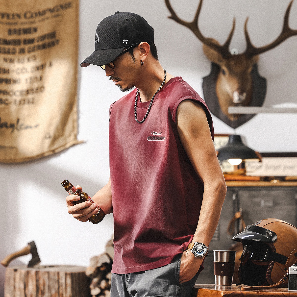 260g重磅無袖T恤男夏季2025新款潮牌漸變水洗運動健身背心男