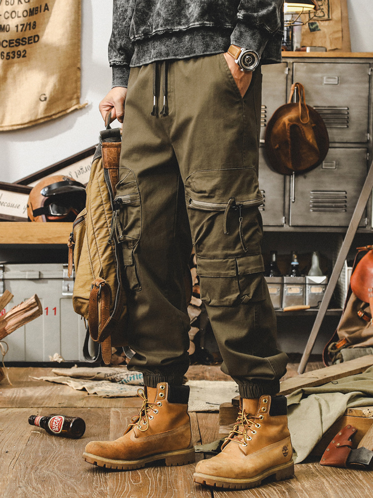 傑雷諾美式複古卡其色束腳休閑褲男春秋潮牌寬松多口袋工裝褲男款