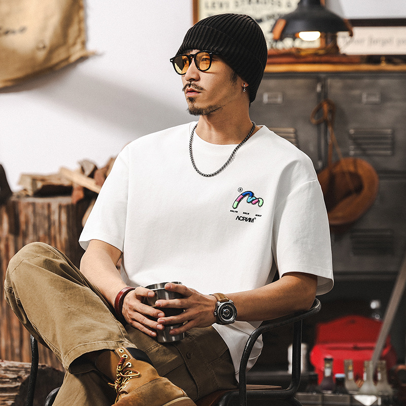 科技涼感T恤男2025新款短袖男夏季潮流美式復古潮牌寬鬆休閒上衣T