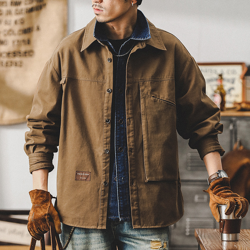 美式復古工裝襯衫男款長袖秋季潮牌戶外寬鬆夾克男士休閒外套春秋