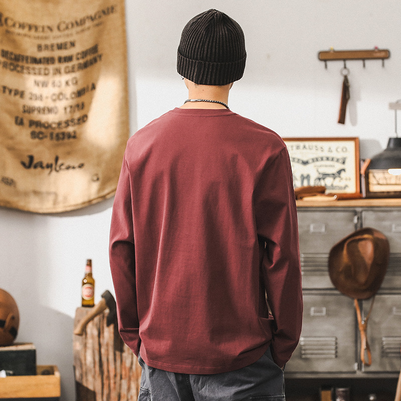 美式260g重磅長袖T恤男秋季潮牌寬鬆上衣2024新款紅色衣服男上衣T