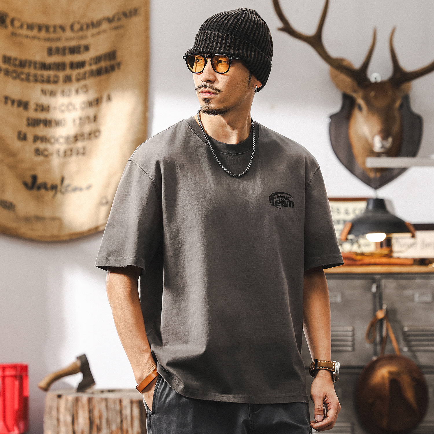 美式髒染水洗T恤男重磅夏季短袖潮牌龜裂印花寬鬆半袖上衣男