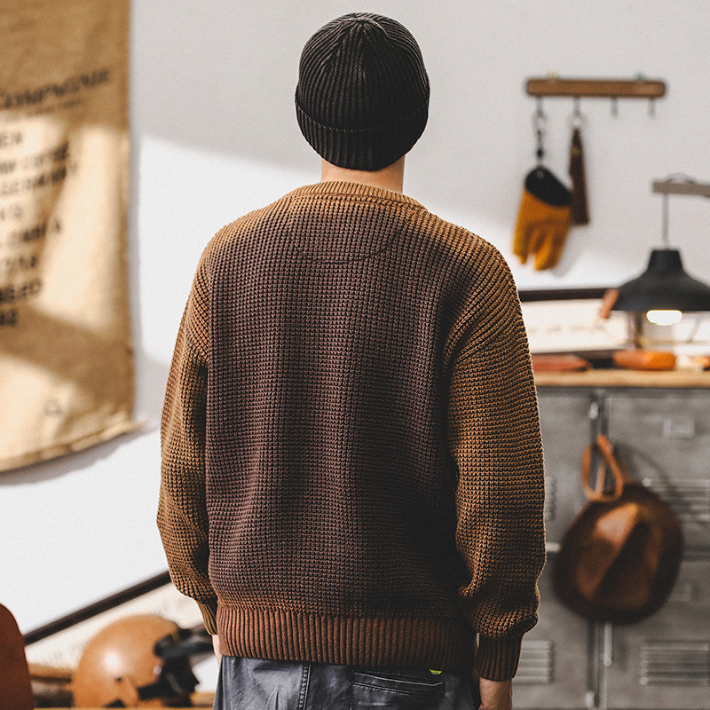 美式復古重磅毛衣男寬鬆潮牌撞色秋冬款美拉德慵懶風針織衫外套男