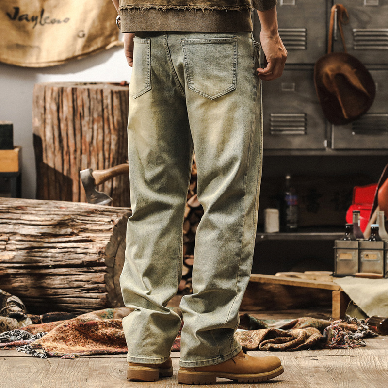 美式經典復古黃泥染牛仔褲男秋季新款潮牌高街寬鬆直筒休閒長褲男