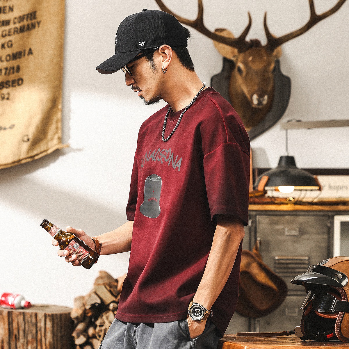 安可拉紅300g重磅T恤男短袖夏季2025新款美式復古髒染水洗上衣男