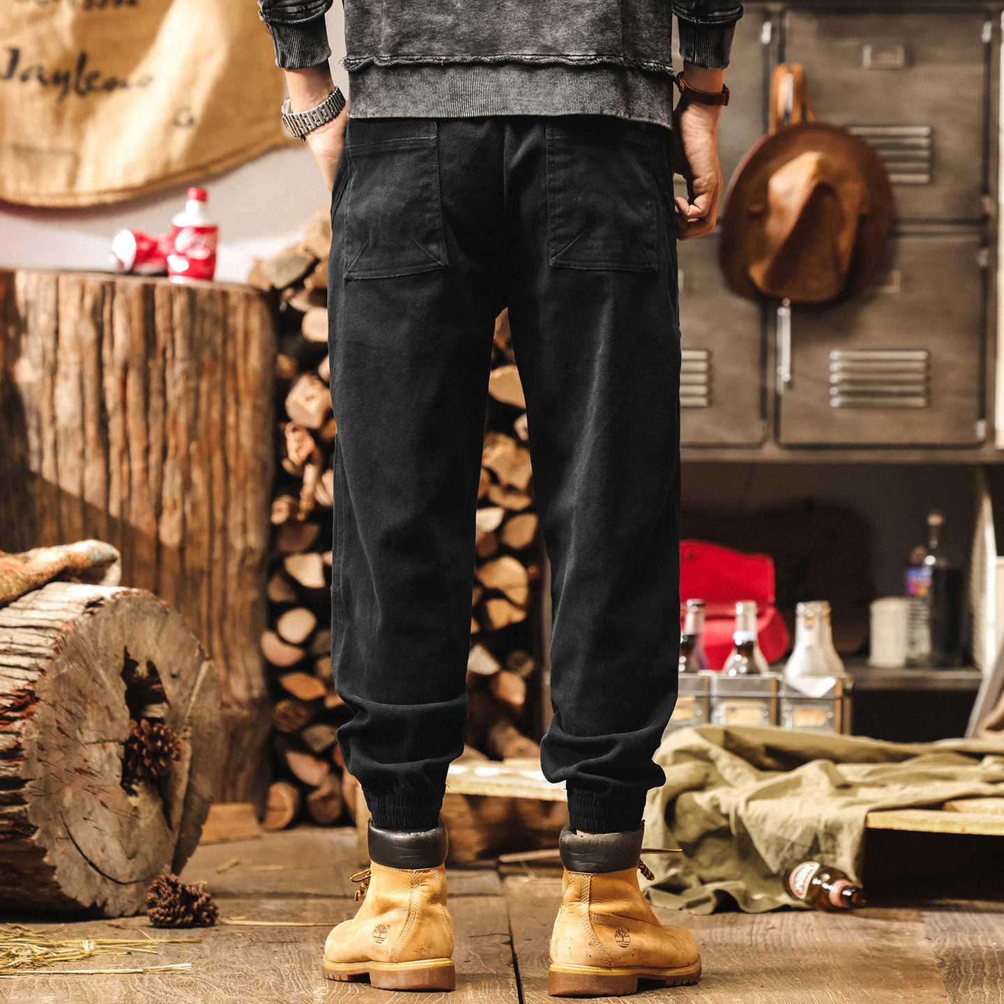 美式復古重磅黑色工裝褲子男2025秋季寬鬆新款拼接束腳男士休閒褲
