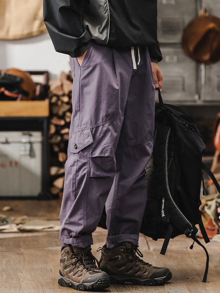 春季新款工裝褲子男潮牌美式寬鬆直筒男士休閒褲高級感紫色褲子男