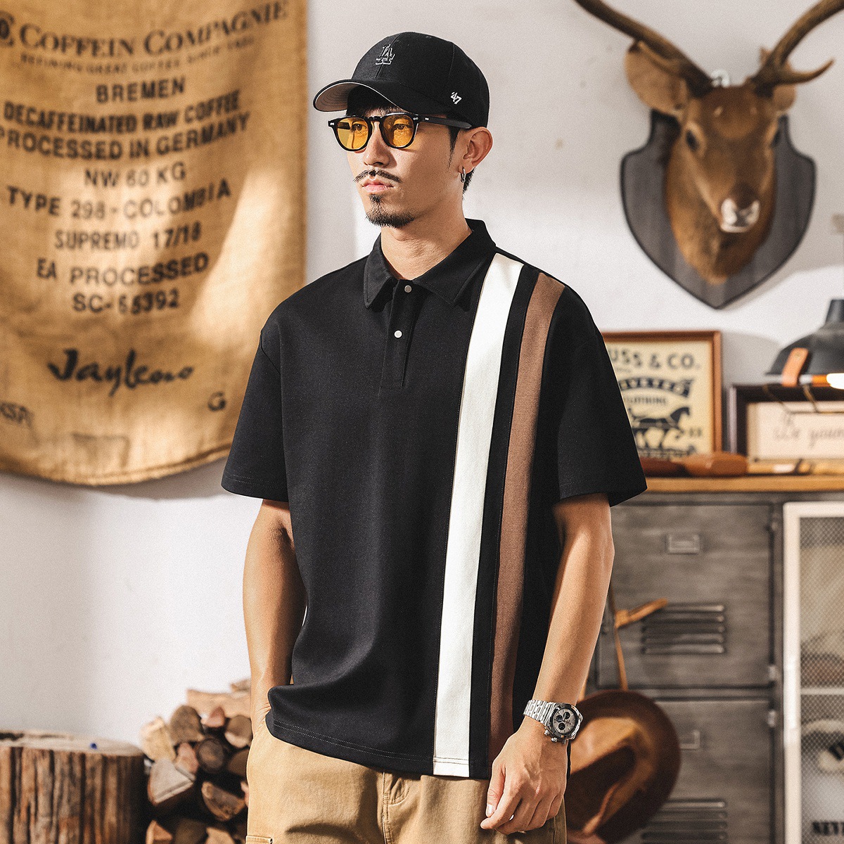 美式潮牌重磅POLO衫男夏季新款撞色條紋短袖t恤寬鬆潮牌翻領體恤