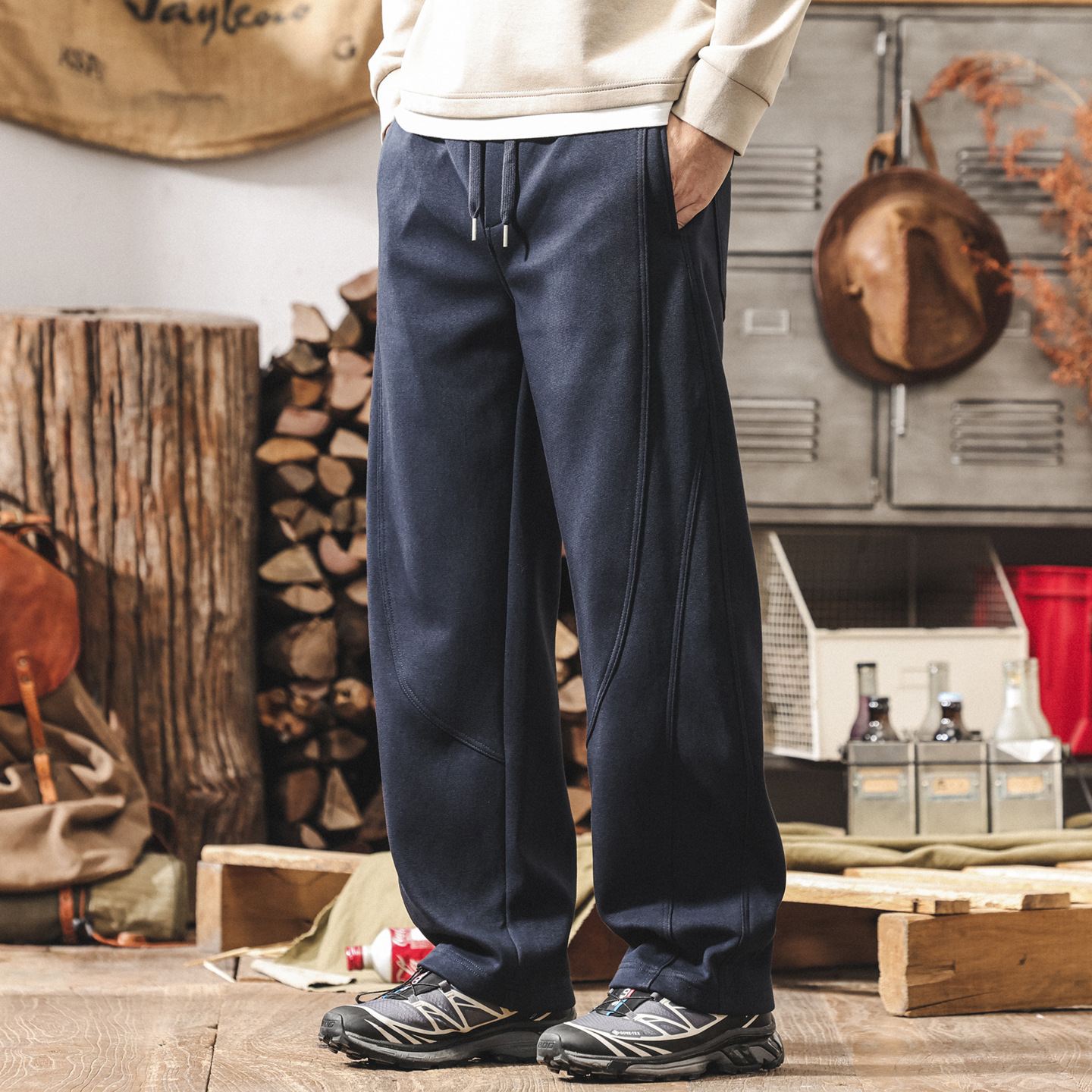 美式復古加絨彎刀褲子男款冬季加厚衛褲直筒男士重磅寬鬆休閒長褲