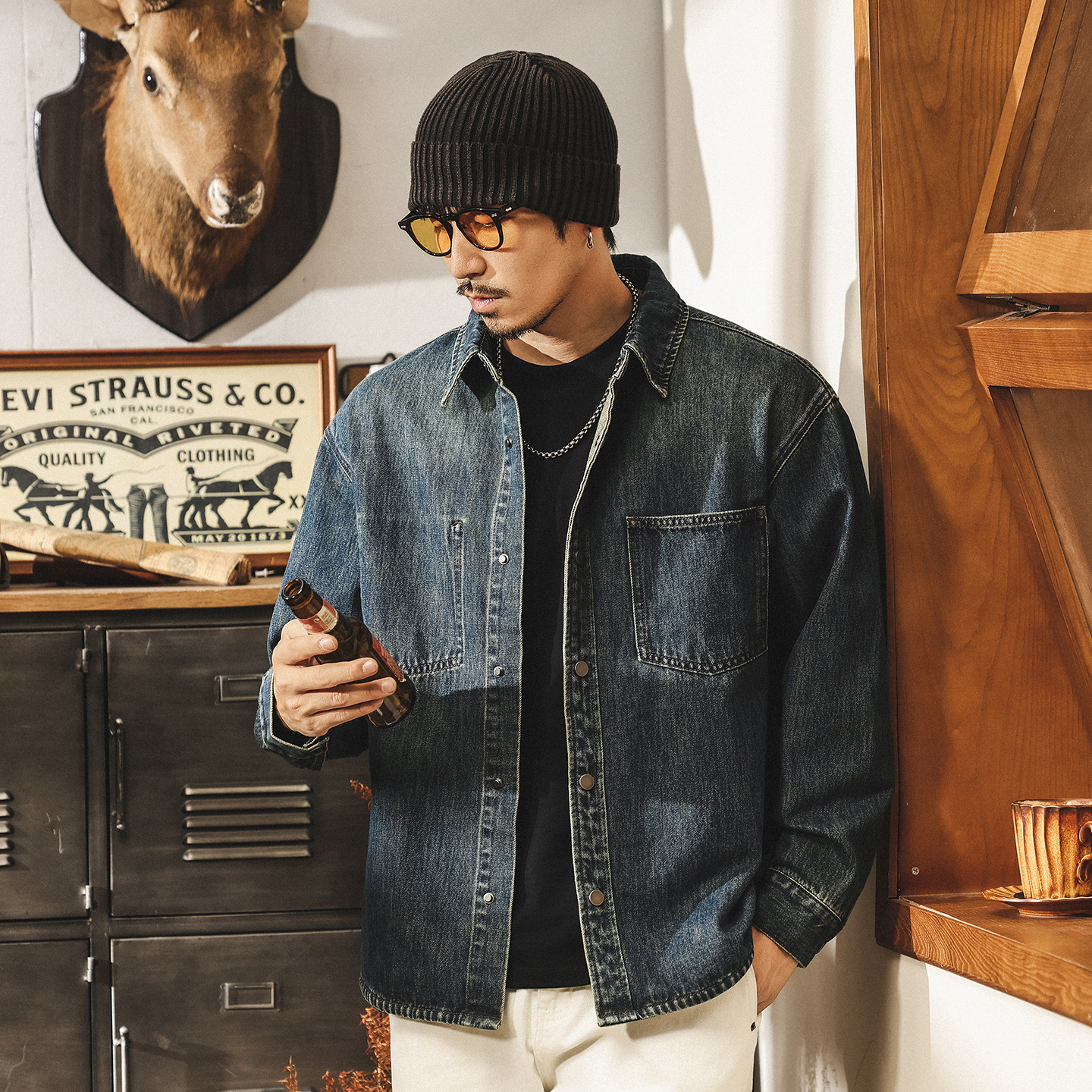 美式復古牛仔襯衫男長袖2025春秋新款寬鬆休閒襯衣秋季潮牌外套男