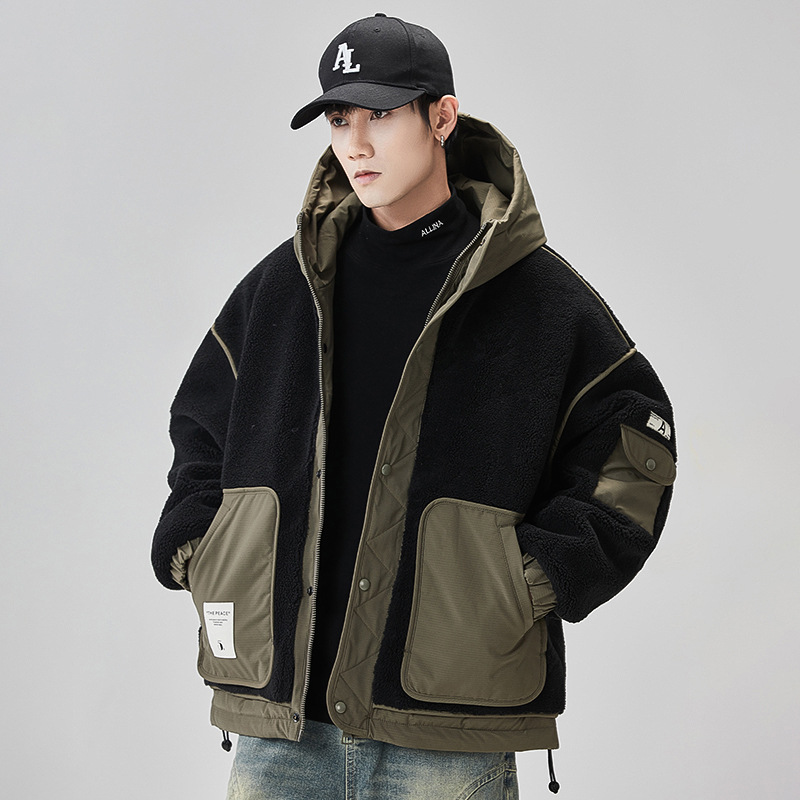 GURBAKS秋冬新款潮牌連帽撞色羽絨服外套男裝拼接工裝顆粒絨羽絨