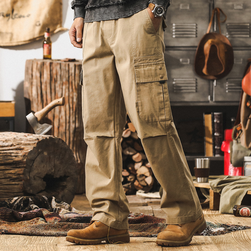 美式復古卡其色工裝褲子男秋季新款獵裝通勤寬鬆直筒男款休閒長褲