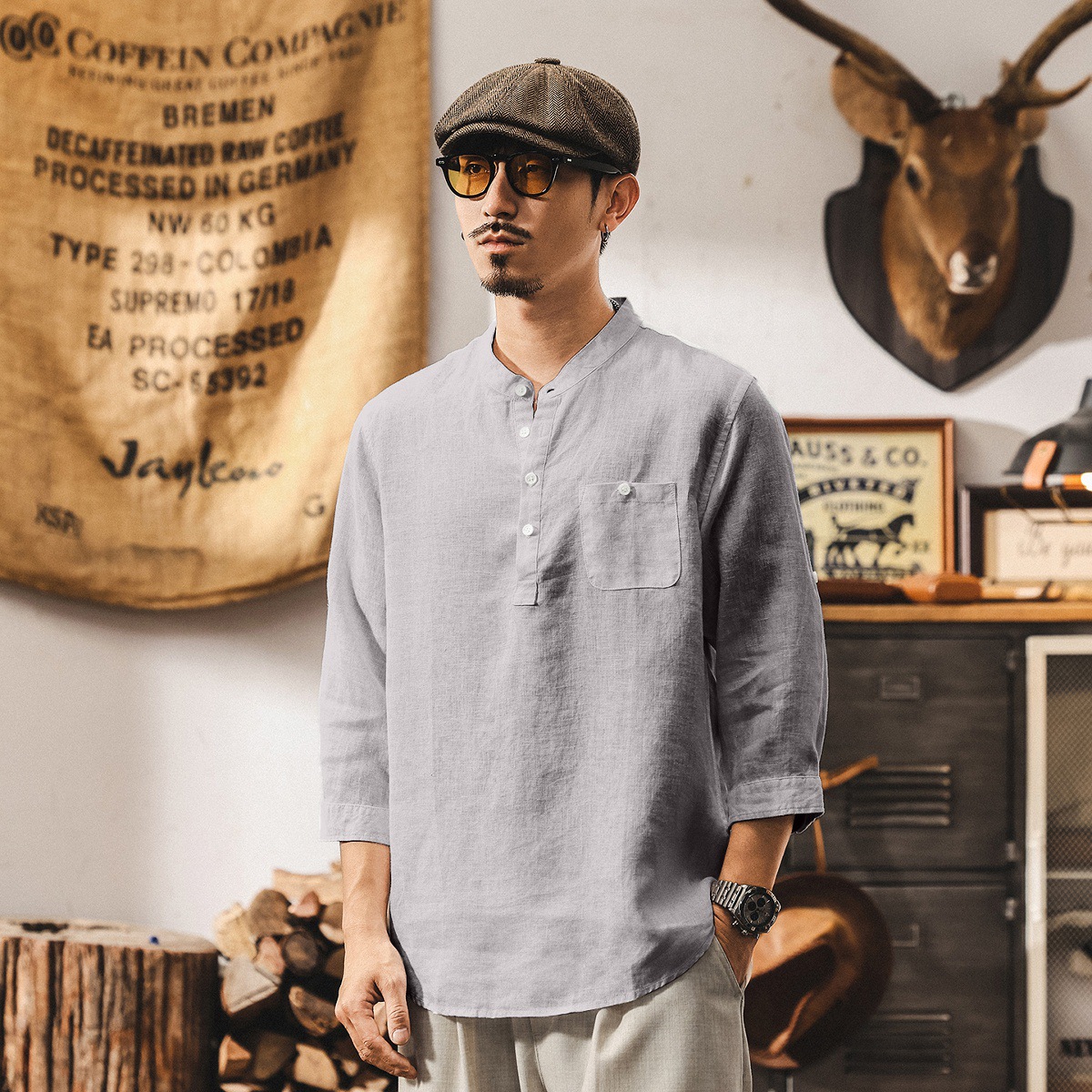 亞麻古風中式復古短袖T恤男夏季新款七分袖古風國潮Polo衫男