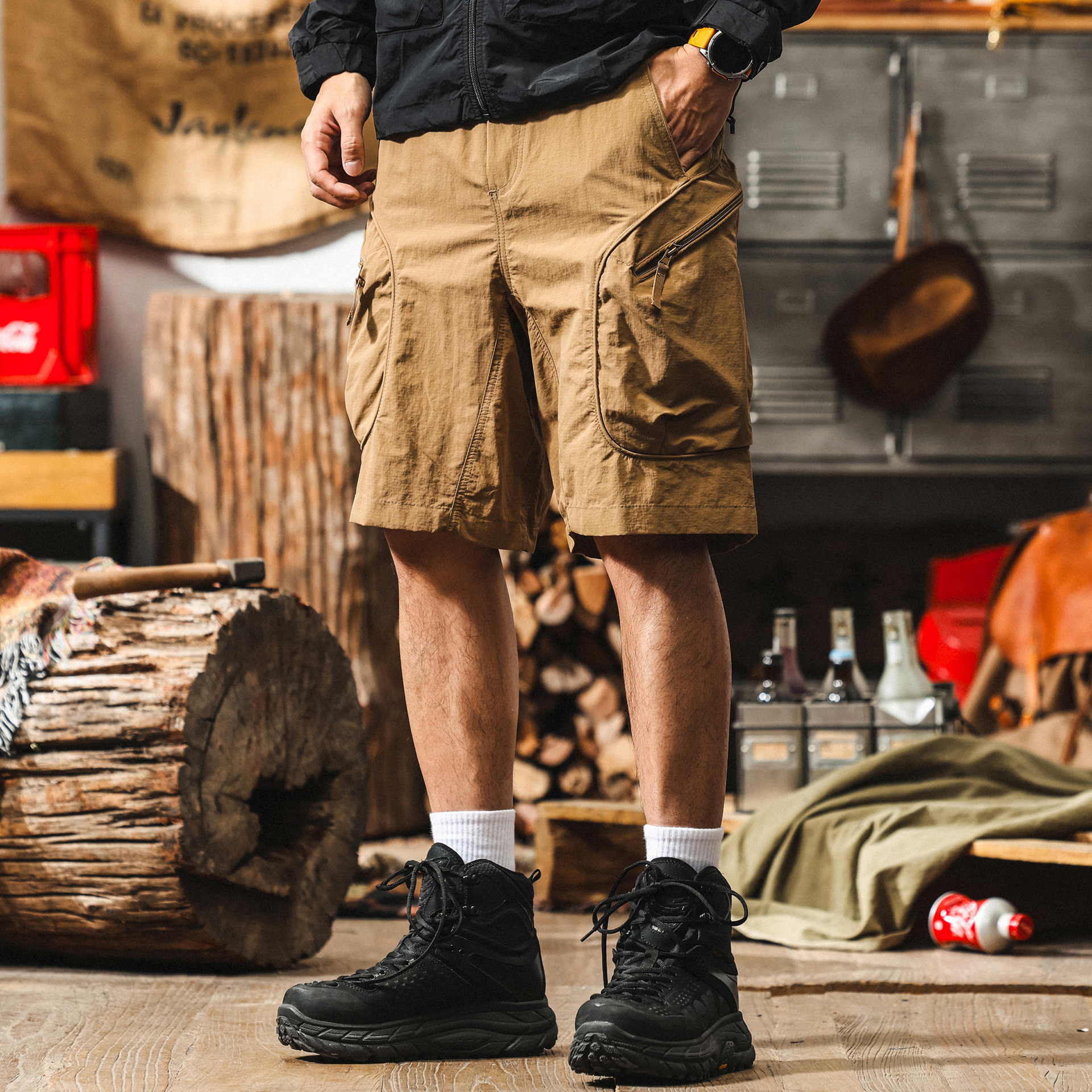 冰絲涼感薄款卡其色工裝短褲男夏季潮牌戶外機能速幹寬鬆五分褲男