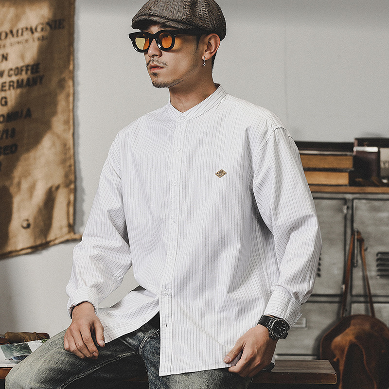 杰雷諾美式簡約白色立領襯衫男2024春季工裝長袖外套寬鬆休閒襯衣