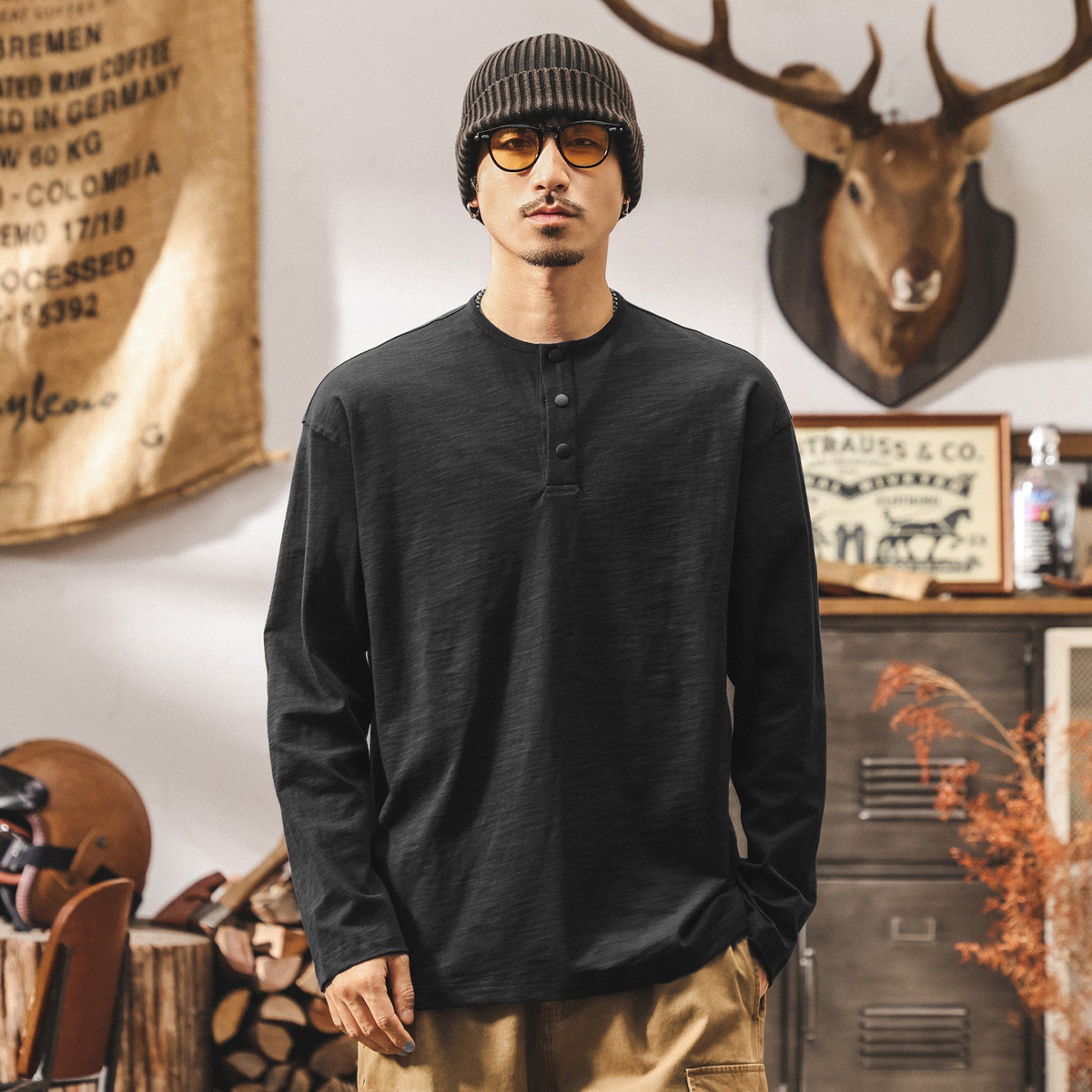 美式復古280g重磅竹節棉t恤男秋季新款潮流亨利領長袖polo衫