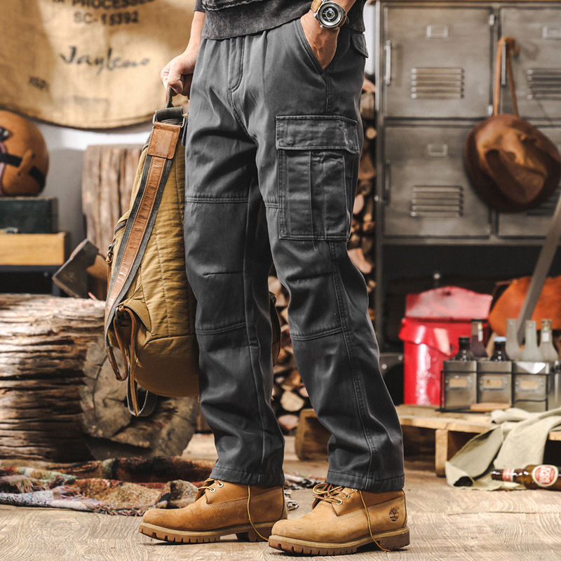 美式復古重磅工裝褲子男秋冬款潮牌寬鬆直筒戰術機能加絨休閒長褲