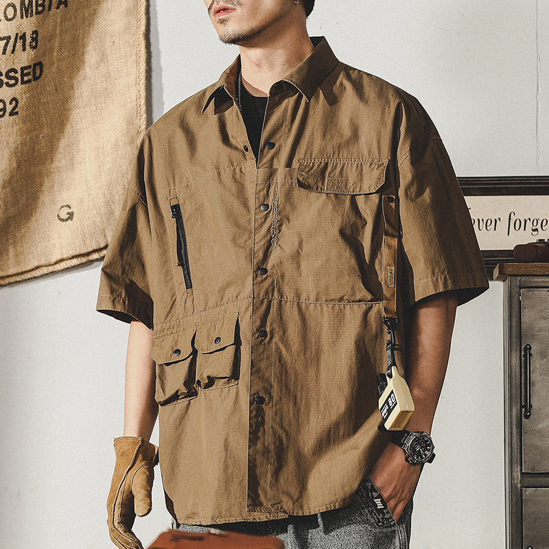 杰雷諾美式工裝襯衫男短袖戰術硬漢獵裝襯衣男教練夾克休閒外套男