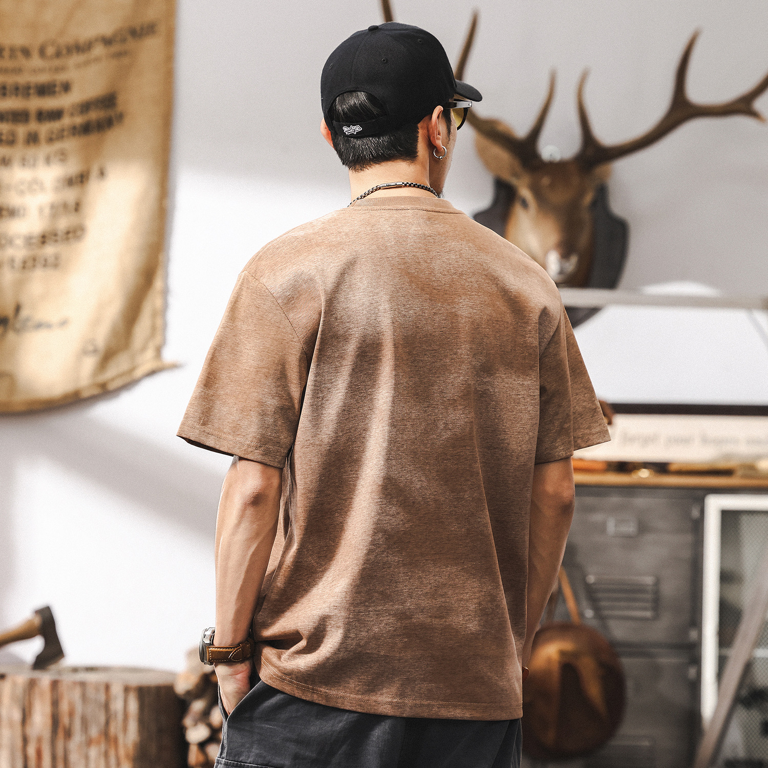 美式復古高級感雲染短袖T恤男夏季2025新款潮流寬鬆半截袖上衣男