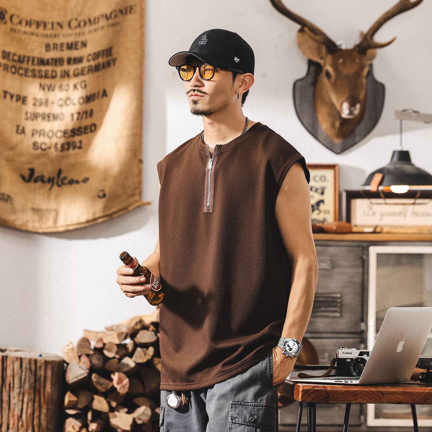 美式復古拉鍊運動健身背心男士寬鬆潮牌新款華夫格肌理感硬漢T恤